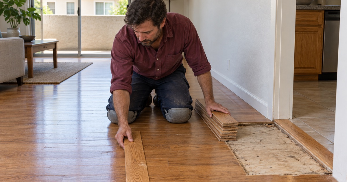 Worker laying a matching red oak board flat against the undamaged floor of a Monterey Park condominium to compare color and grain before a water-loss repair is scoped.