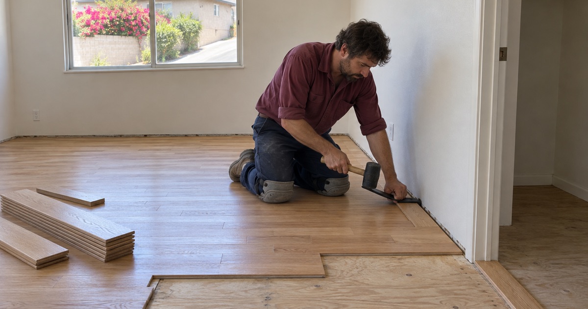 Worker closing the last joint of a new solid oak row against the wall with a pull bar and mallet in a Monterey Park house.