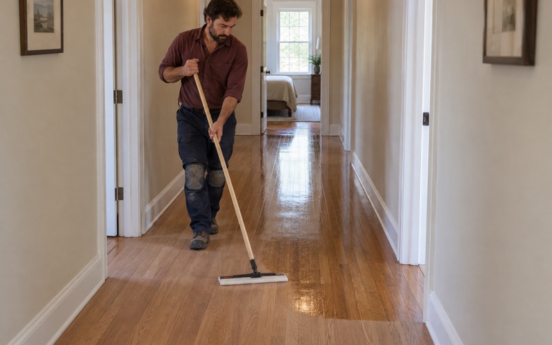 Worker walking backwards down a Monterey Park hallway drawing a fresh coat of finish over a screened oak floor with a flat applicator.
