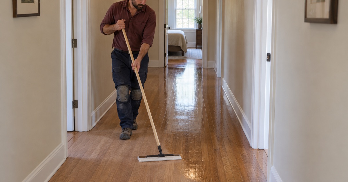 Worker walking backwards down a Monterey Park hallway drawing a fresh coat of finish over a screened oak floor with a flat applicator.