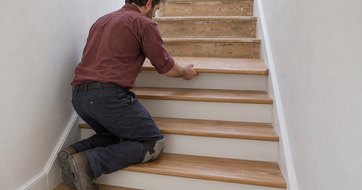 Worker sliding a bullnosed red oak stair tread back against its riser on a straight stair in a two-story Monterey Park house, finished treads fitted below it.