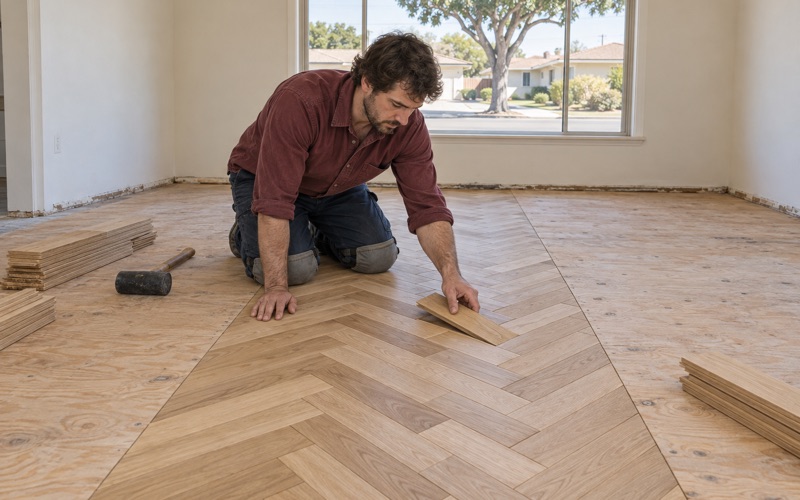 Worker setting a white oak herringbone slat into its V along a centered layout in an empty Monterey Park room, the pattern spreading out from the center line.