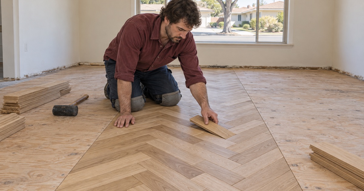 Worker setting a white oak herringbone slat into its V along a centered layout in an empty Monterey Park room, the pattern spreading out from the center line.