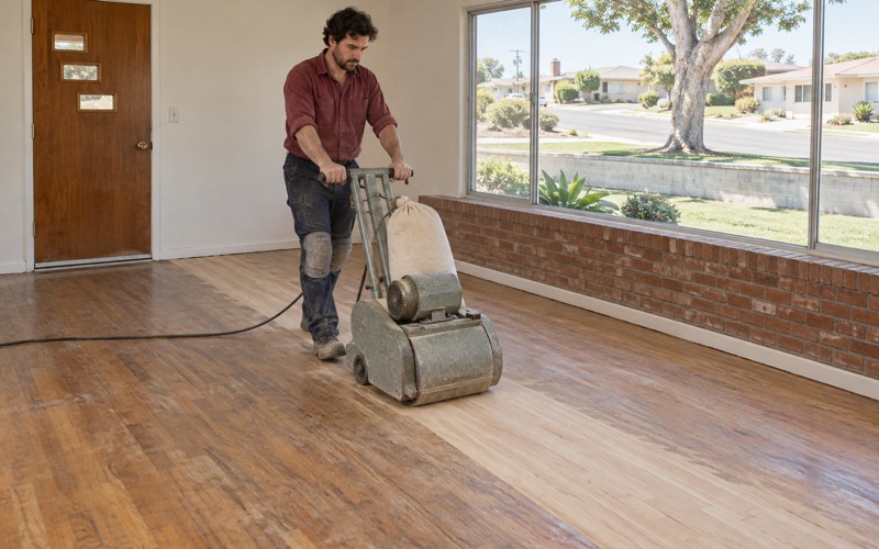 Worker pushing a drum sander on an angled first pass across worn red oak in a Monterey Park ranch house living room, a pale diagonal band opening behind the drum.