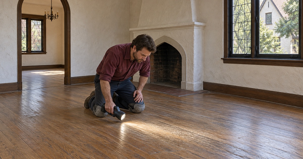 Worker raking a work lamp low across original oak strip flooring in a 1930s Tudor Revival house in Alhambra, reading the boards before quoting.