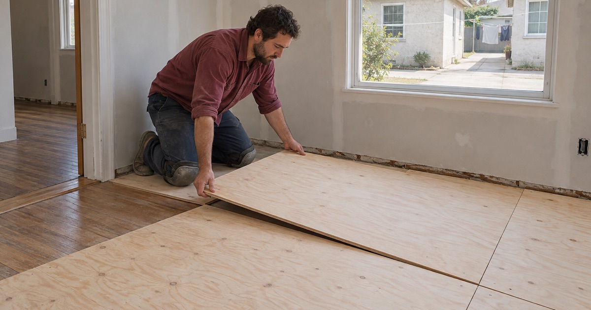 Worker lowering a sheet of plywood underlayment in the rear house of a Bell Gardens lot that holds several small homes, the front house visible across the shared driveway.