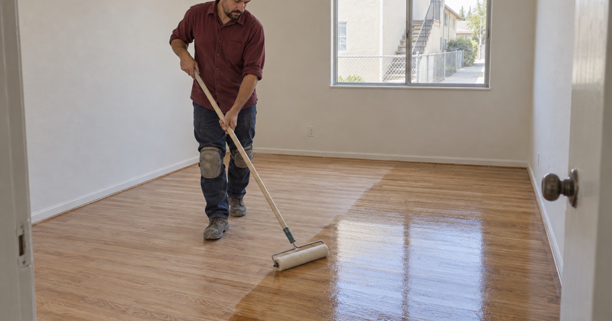 Worker rolling a sealer coat onto sanded oak in one unit of a small East Los Angeles fourplex between tenants.