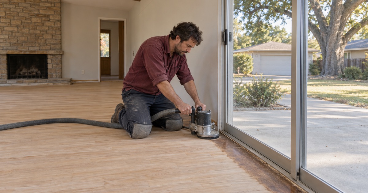 Worker edging an oak floor along a sliding glass door in a 1960s El Monte ranch house, a walnut tree in the back yard beyond.