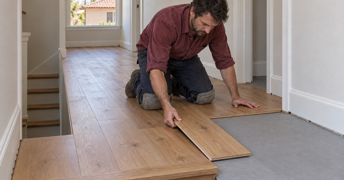 Worker laying engineered oak along an upper hall and stair landing in a multi-level Hermosa Beach home.