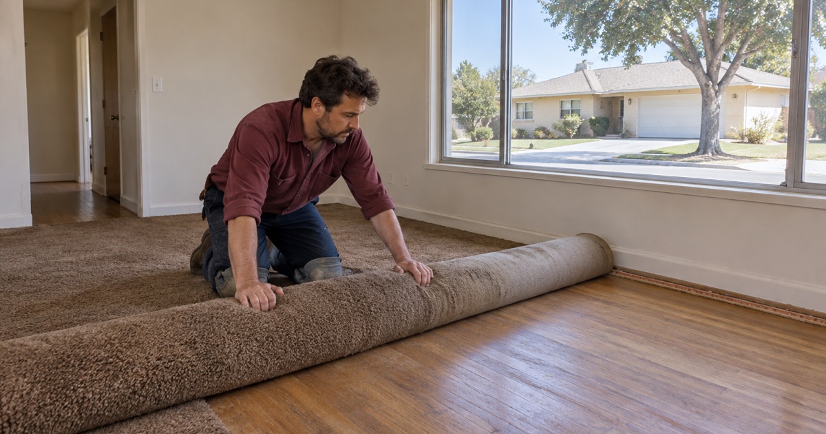 Oak strip flooring uncovered from under carpet in a 1950s–1960s home in La Cañada Flintridge.