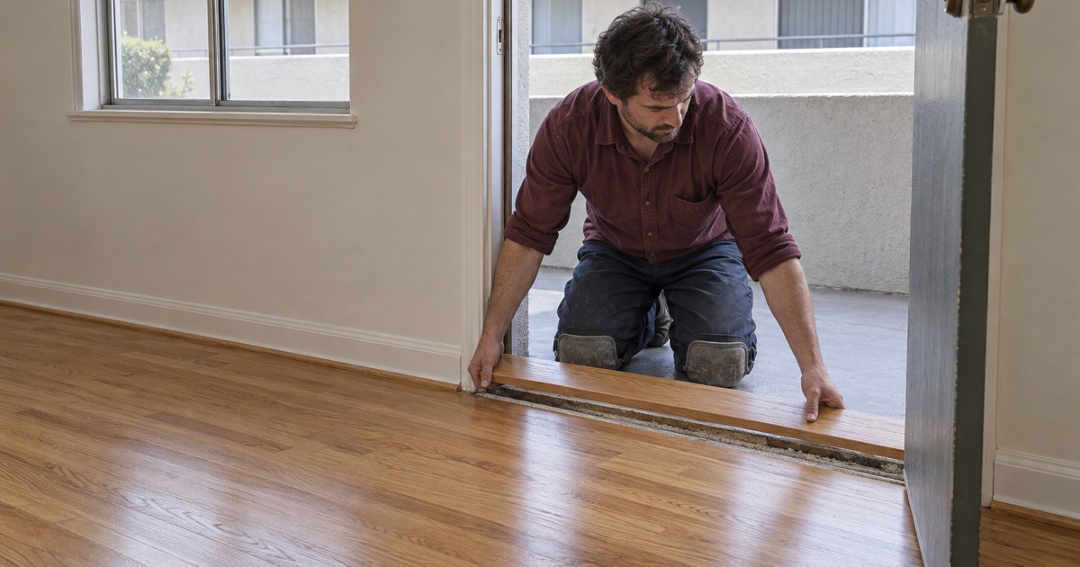 New oak threshold set at the door of a refinished unit in a small Los Alamitos building between tenants.