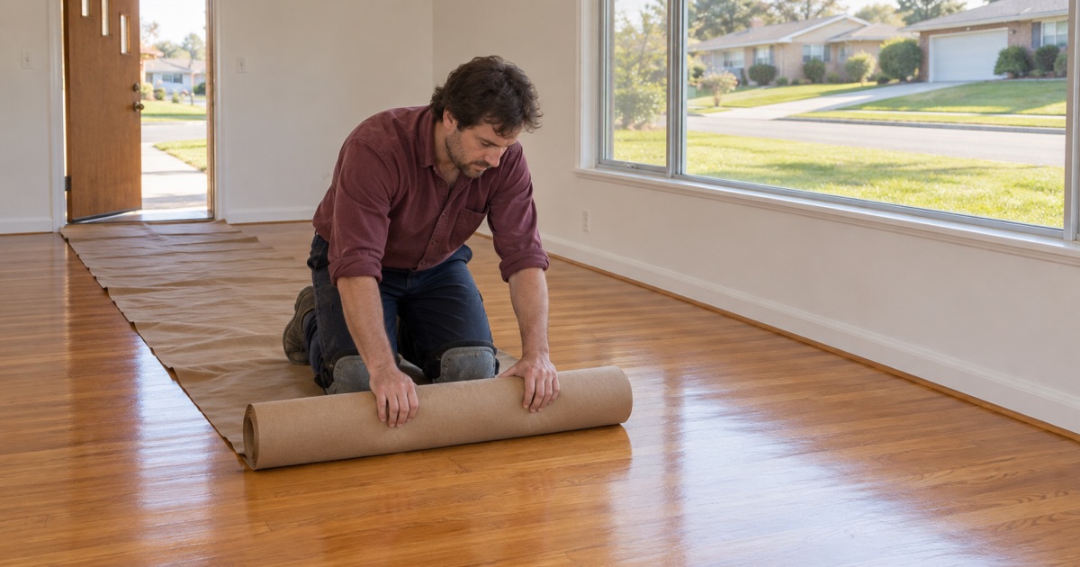 Worker rolling up protective paper from a freshly refinished oak floor in an empty Montebello house before it is occupied again.