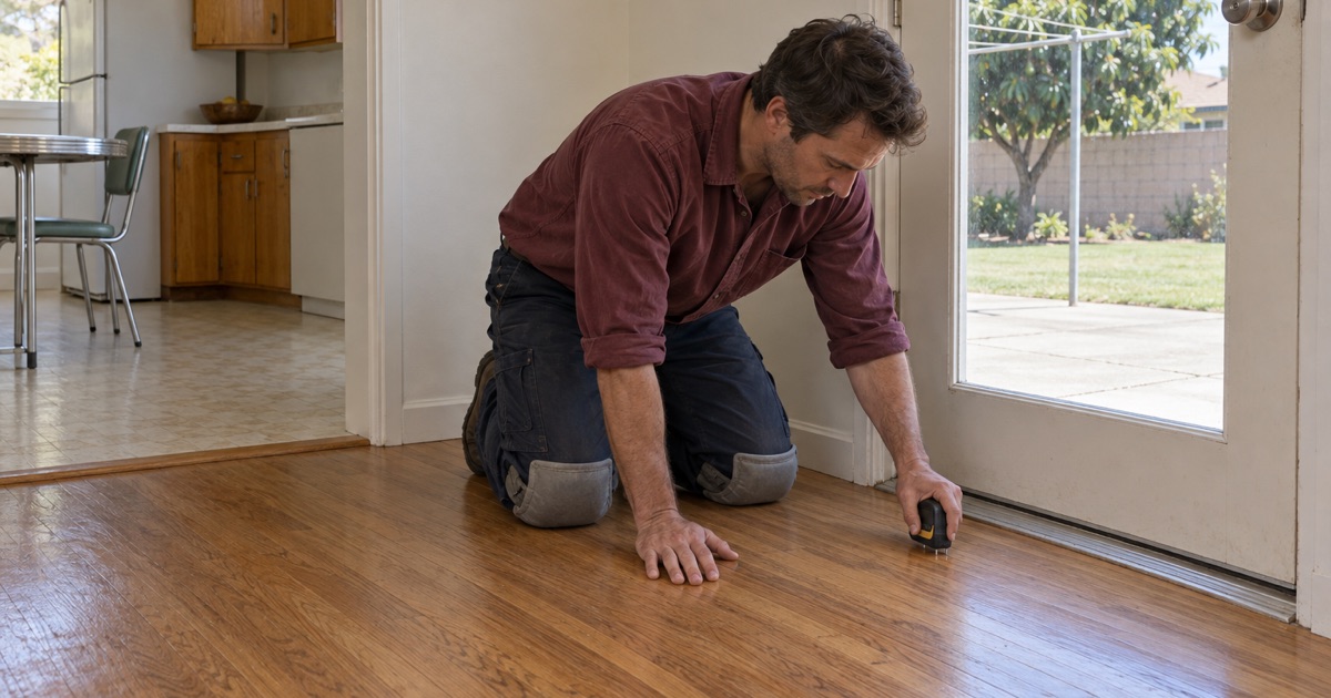 Worker checking oak boards with a moisture meter beside the back door of a 1950s Pico Rivera house.
