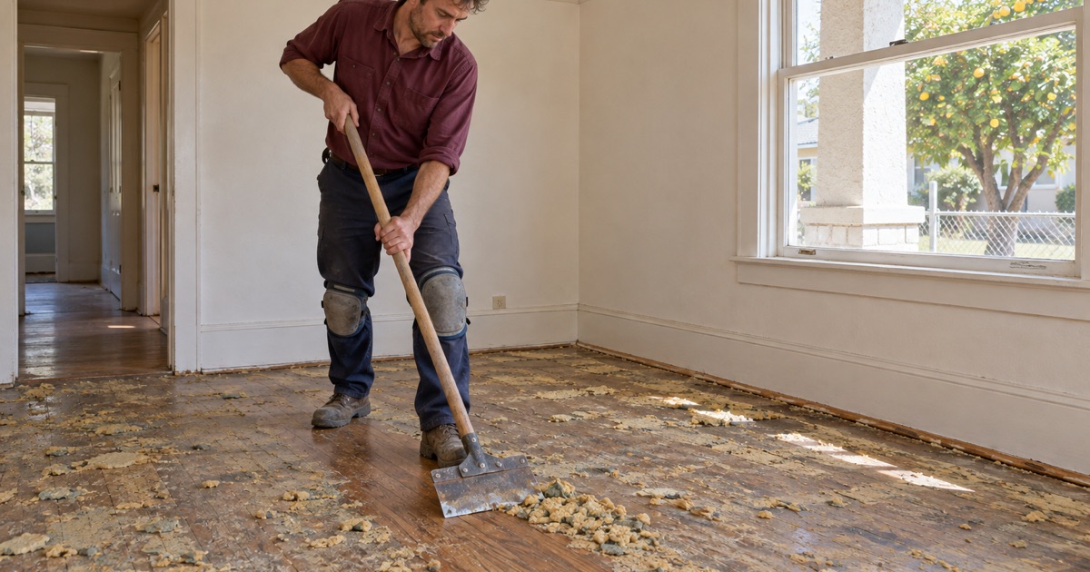 Worker scraping old carpet pad residue off original oak strip flooring in a prewar Rosemead house, uncovering the boards for a restore-or-replace decision.
