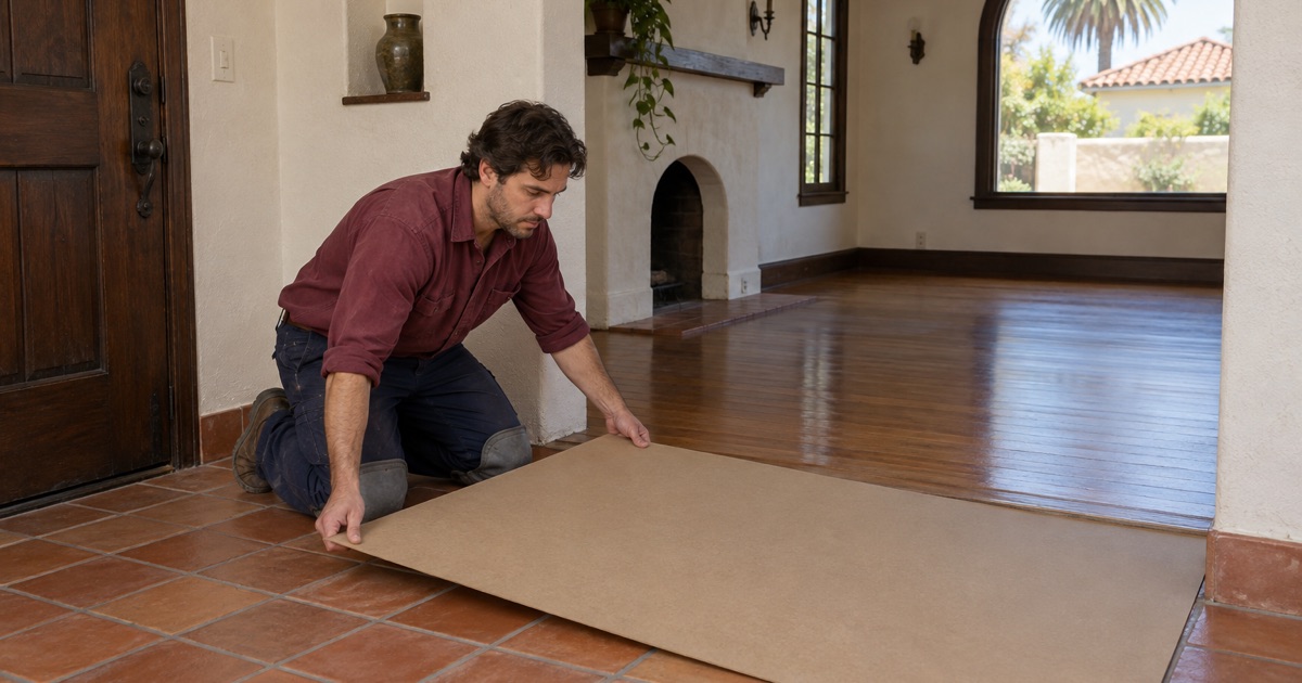 Worker laying a protective board over a terracotta tile entry before the oak floor beside it is sanded, in an older Spanish Colonial Revival house in San Gabriel.