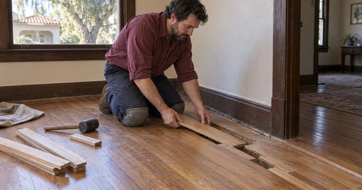 Salvaged oak strips being woven into an original floor where a wall was removed in an older Sierra Madre house.