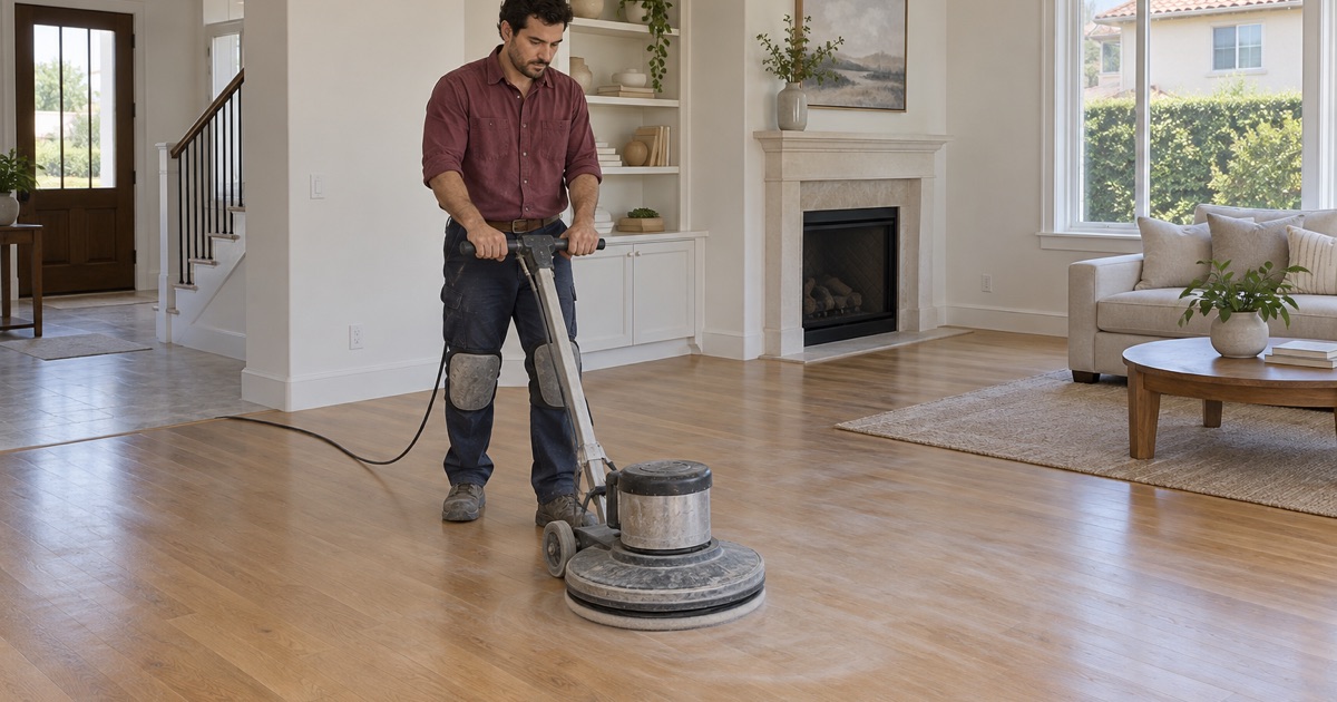 A young oak floor screened for its first recoat in a newer Signal Hill home.