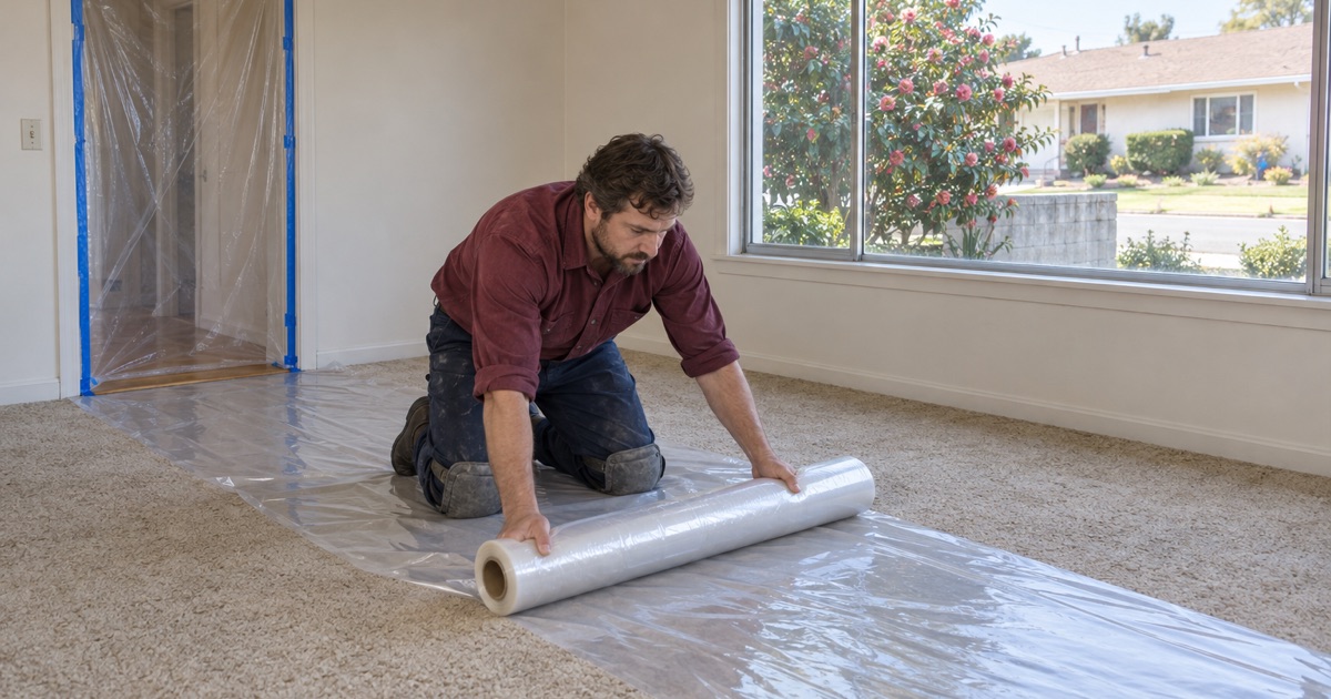 Worker unrolling plastic sheeting across the carpeted floor of a 1950s Temple City house to contain the room before any old covering is lifted.